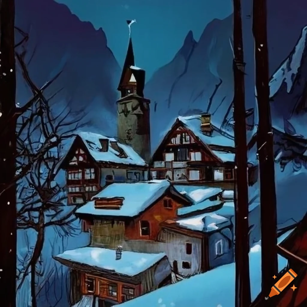 Swiss Mountain Village from a noir graphic novel