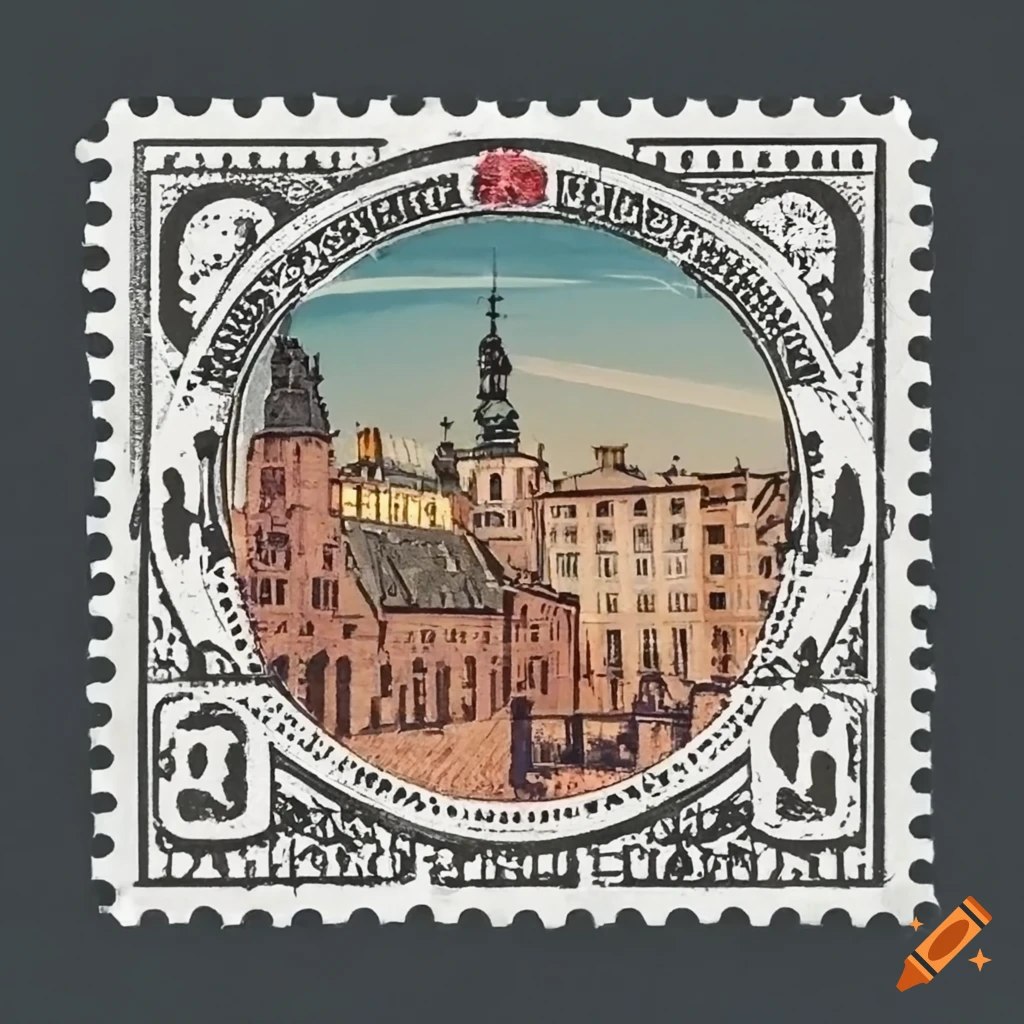 vintage postage stamp featuring Lublin landmarks