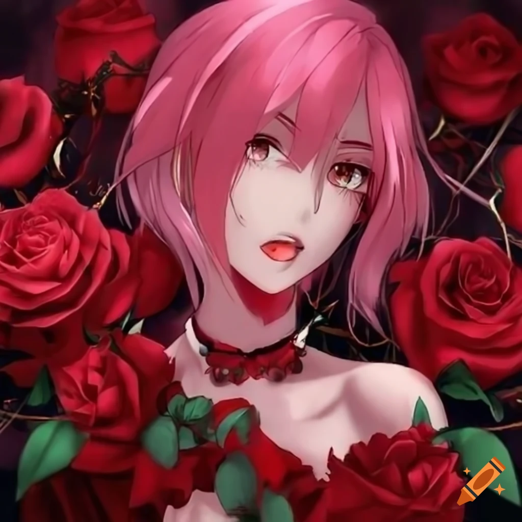 Pink roses, adult anime girl, pink rose garden background, pink eyes, pink  hair, gentle look, happy to see you on Craiyon