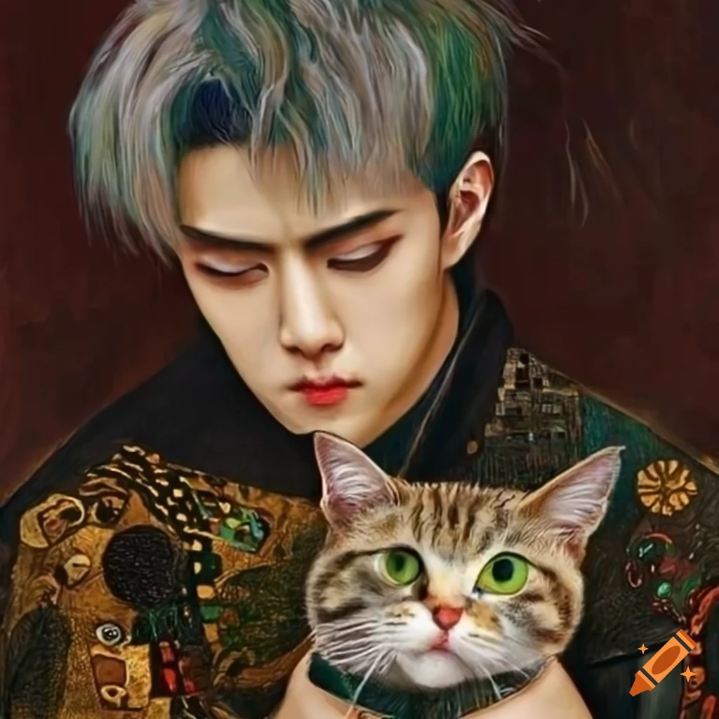 sehun-from-exo-holding-a-cat-in-gustav-klimt-style-on-craiyon