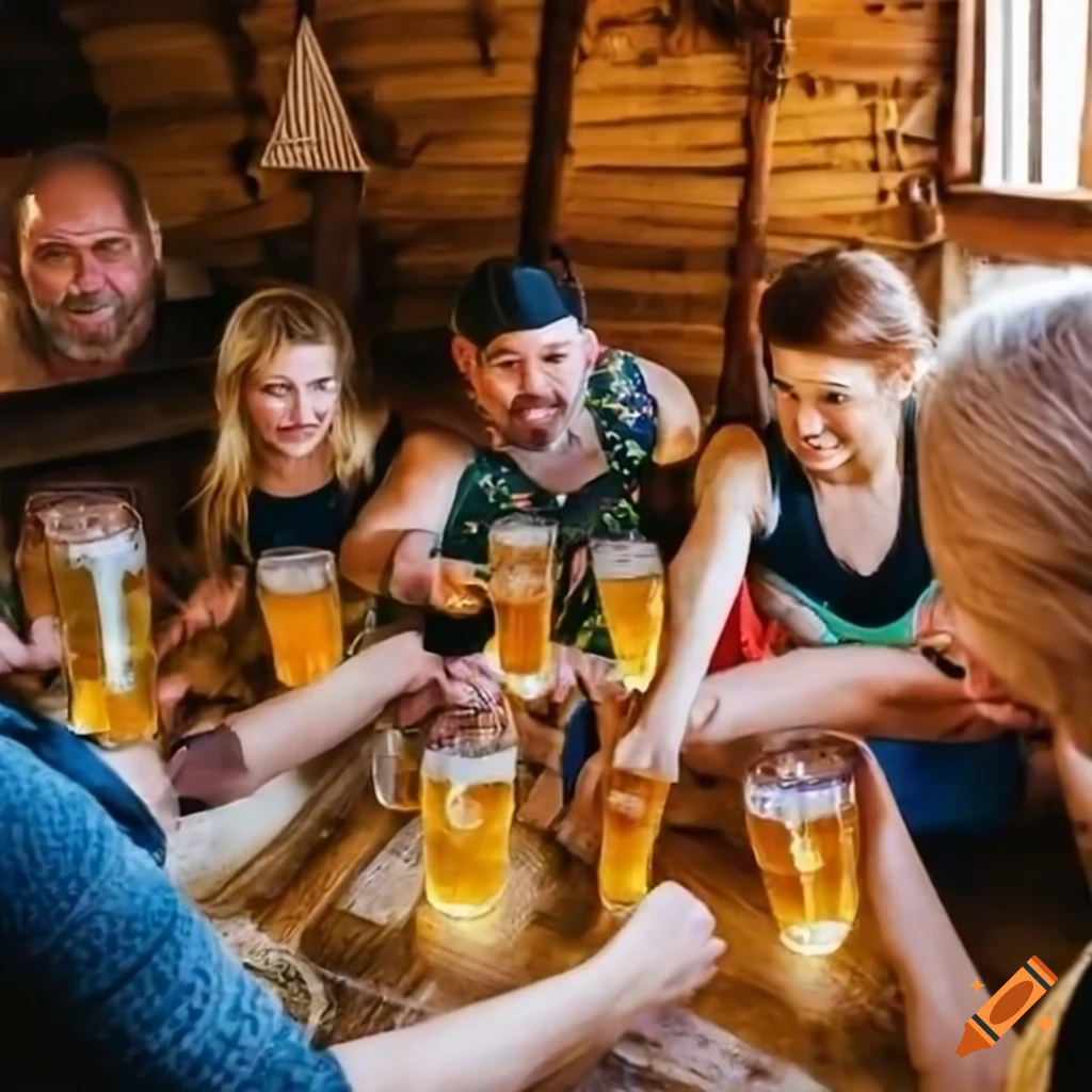 family enjoying drinks in a forest cottage