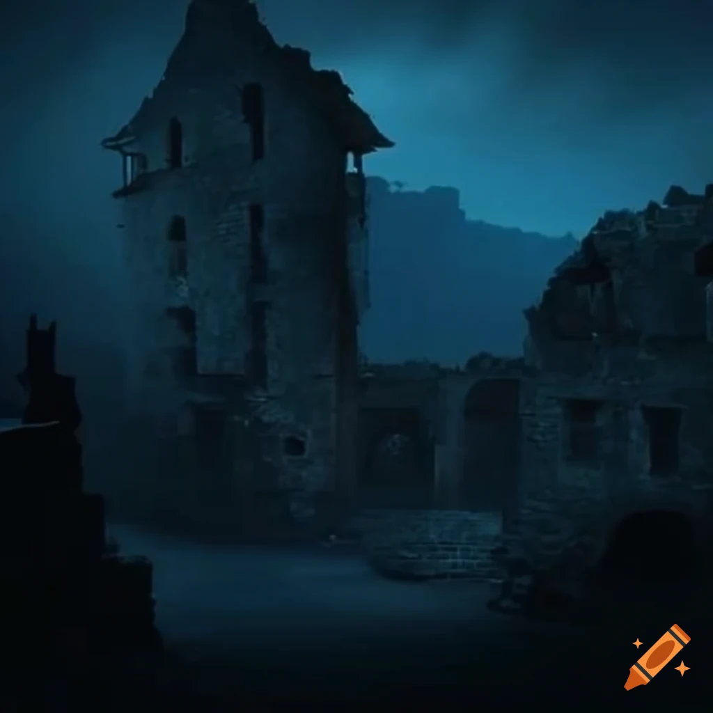 medieval ruins at night