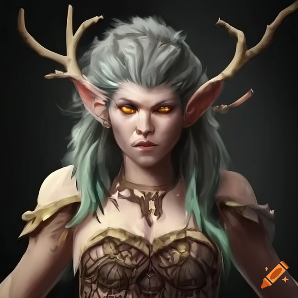 image of a female druid with grey-green hair and yellow eyes