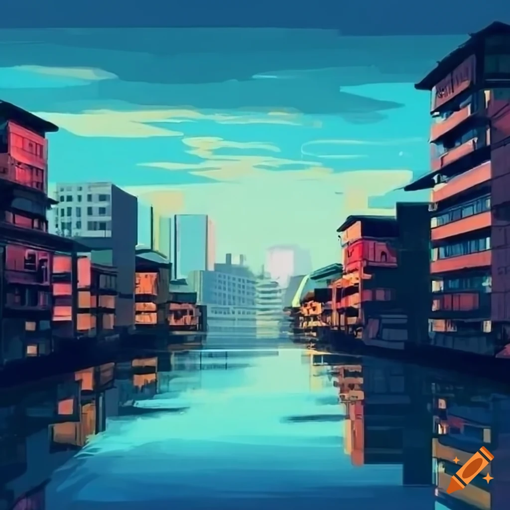 Japanese citypop artwork of offices and a lake