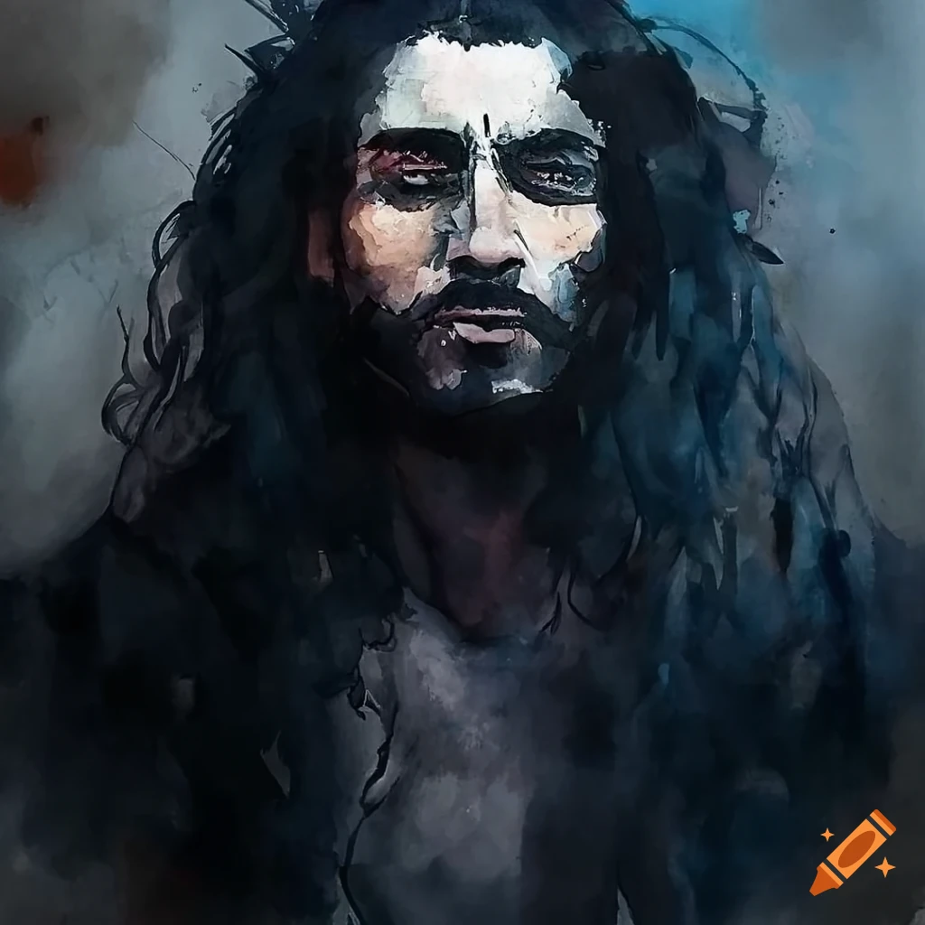 watercolor portrait of a strong man with long black hair