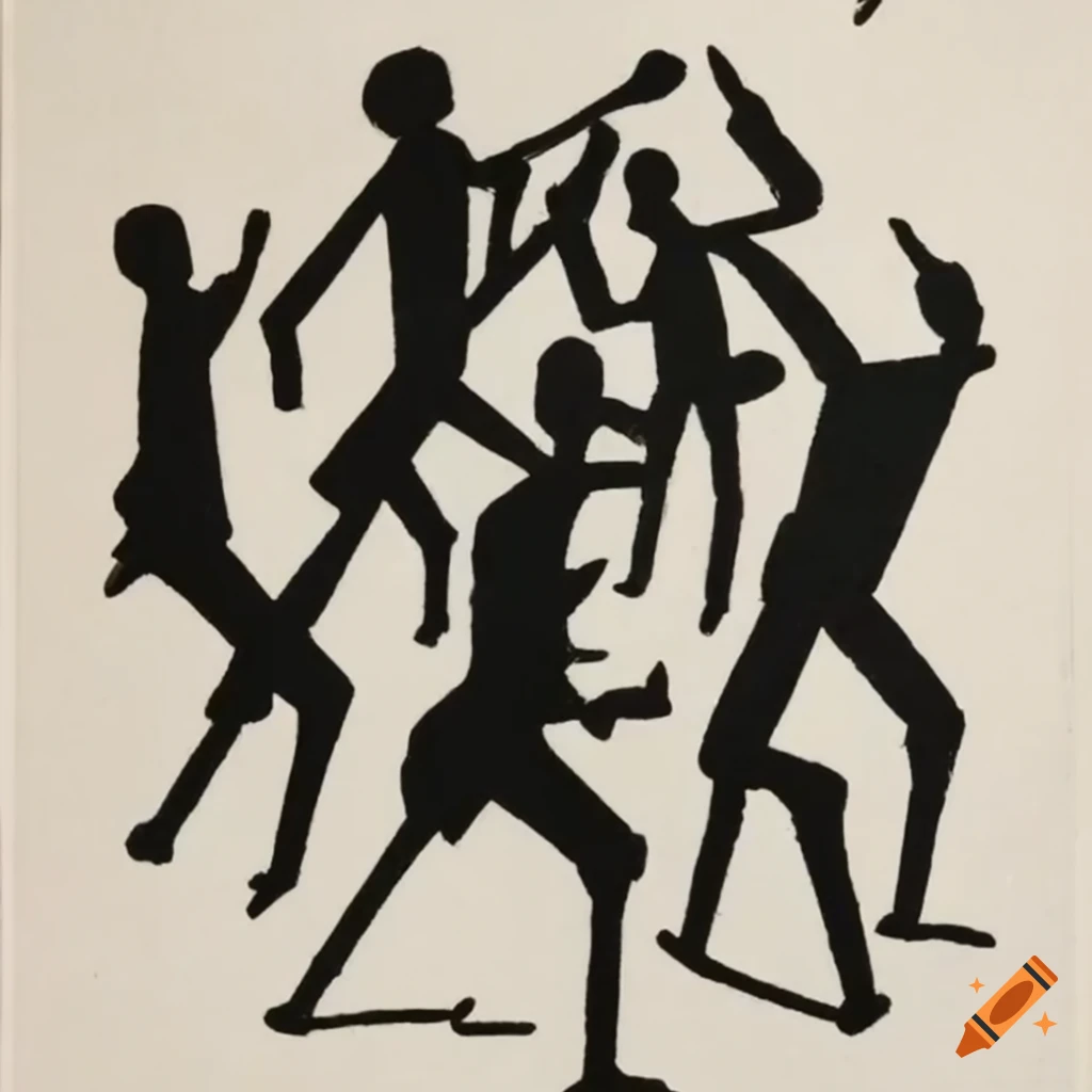 Caligraphic pictogram of mounted police force clashing with protesting