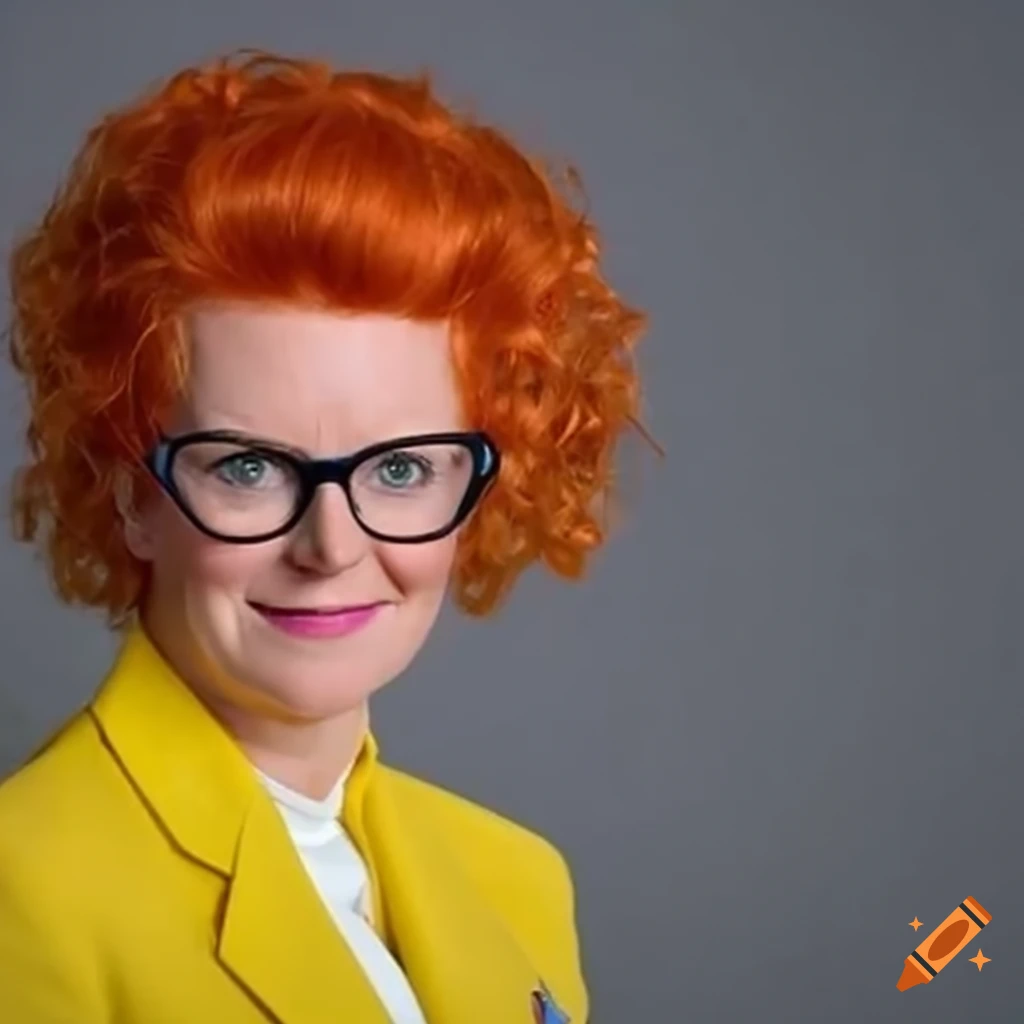 Red-haired female politician in yellow tuxedo with glasses on Craiyon