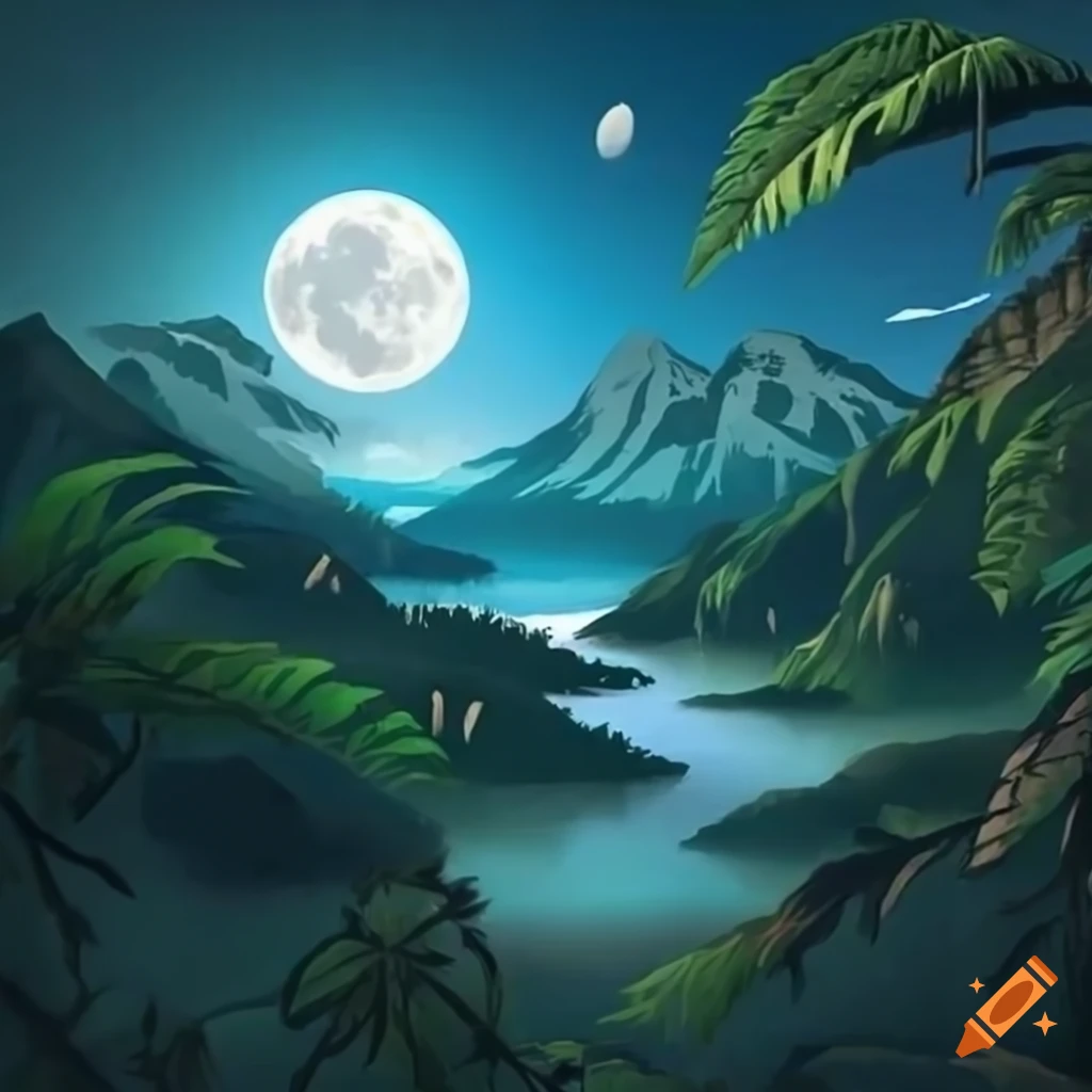 jungle mountains at night with stars and moon