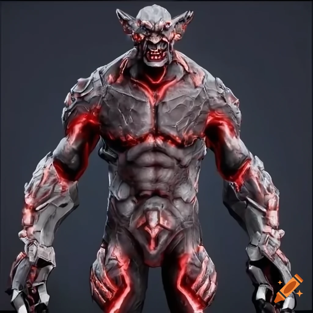 Sci-fi golem cyborg with red glowing crystals