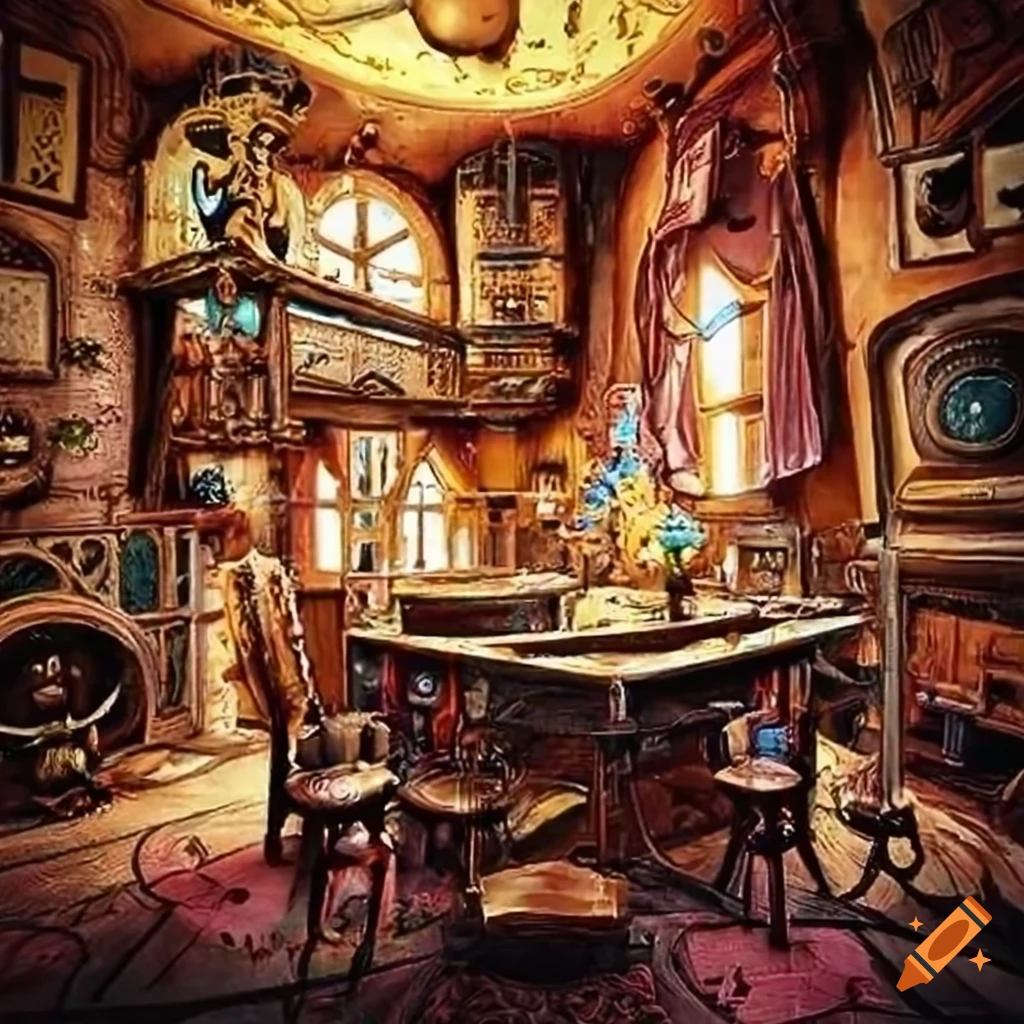 Fantasy room with futuristic and medieval decor, garden and bar on Craiyon