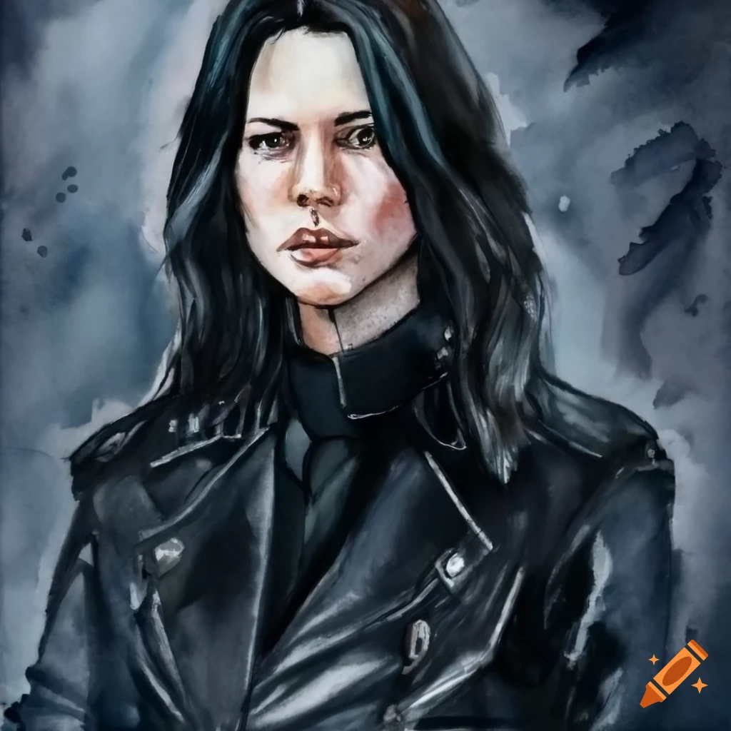 Watercolor portrait of a young woman with black hair and leather jacket ...