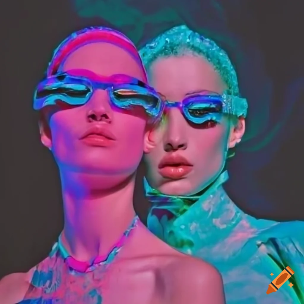 surreal fashion model with holographic swim goggles