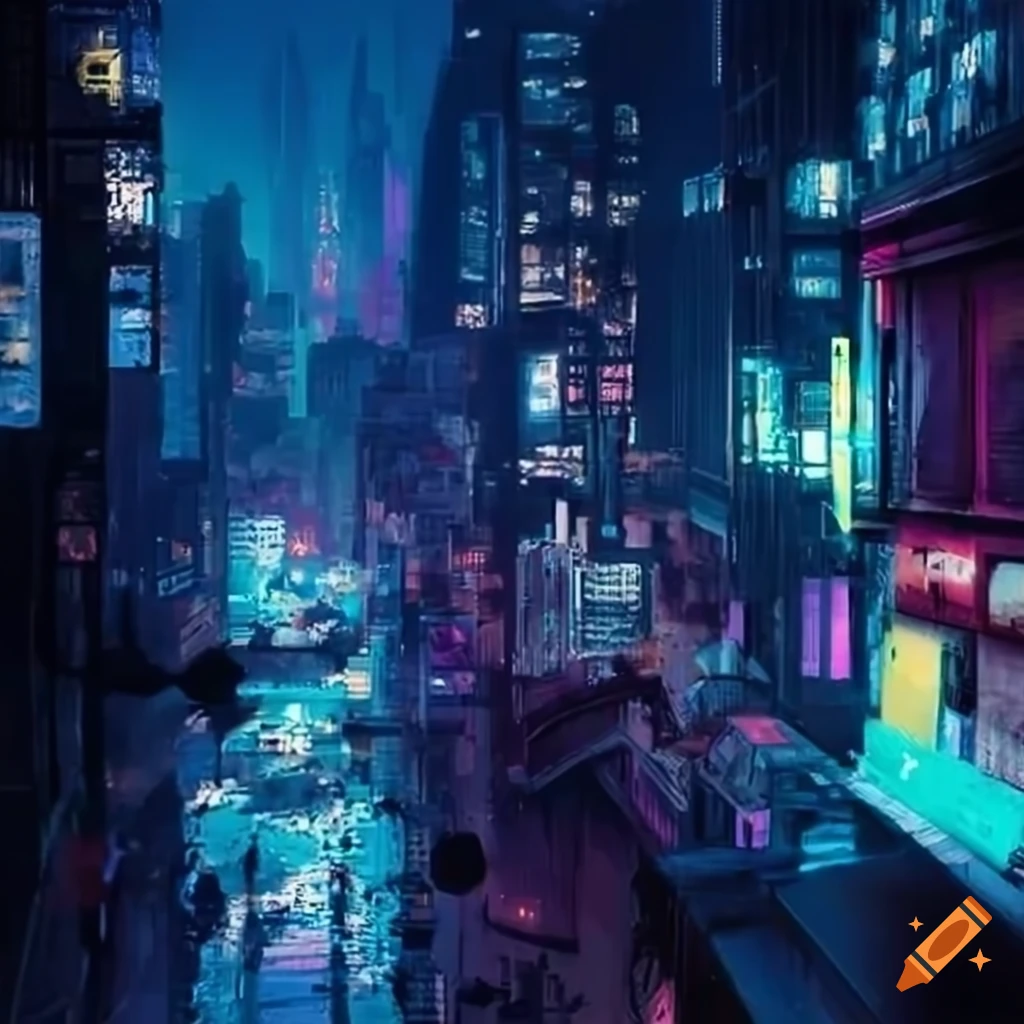 cyberpunk city with tall buildings and flying cars