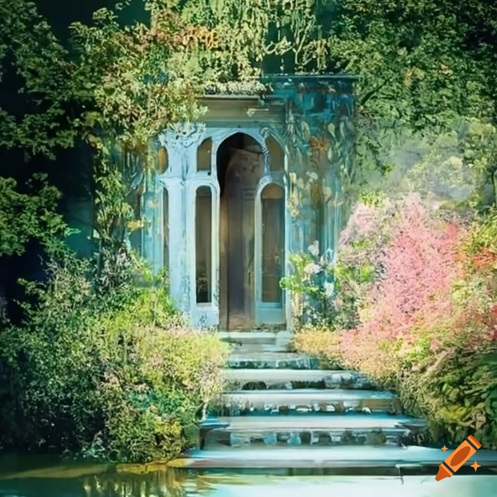 curved silver stairs leading to a balcony in a pond garden