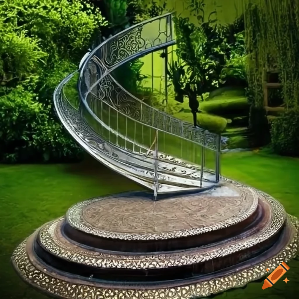 curved silver stairs leading to an Islamic balcony in a garden