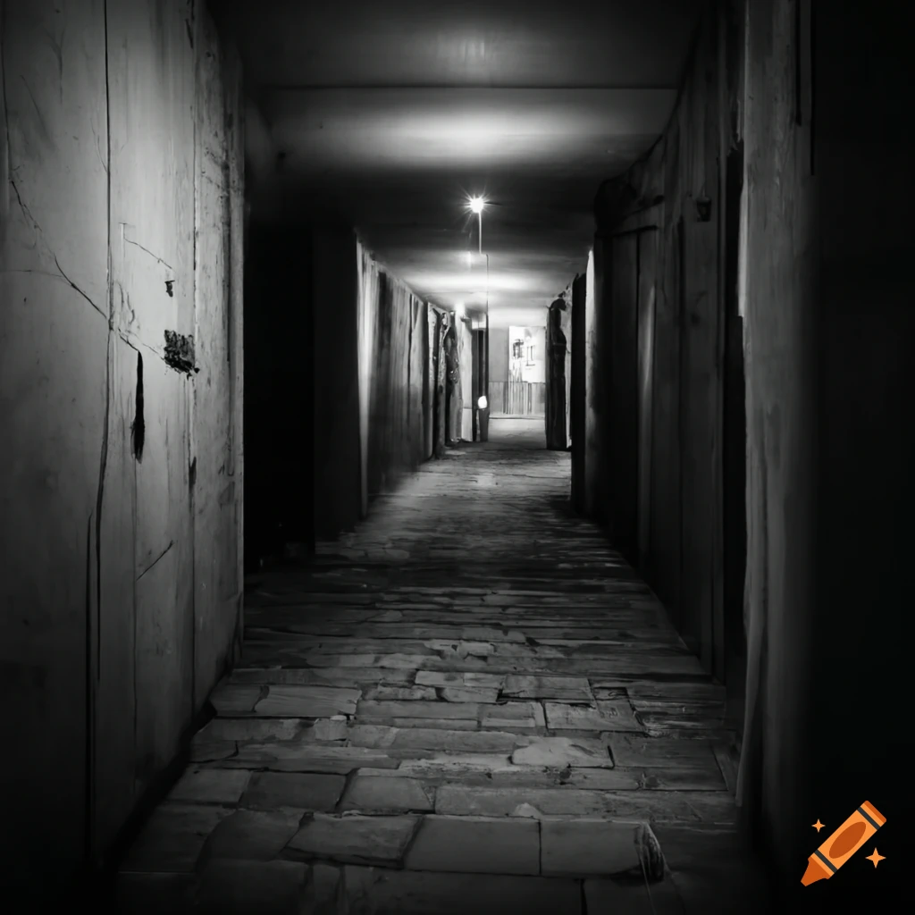 dramatic black and white photo of an empty corridor at night