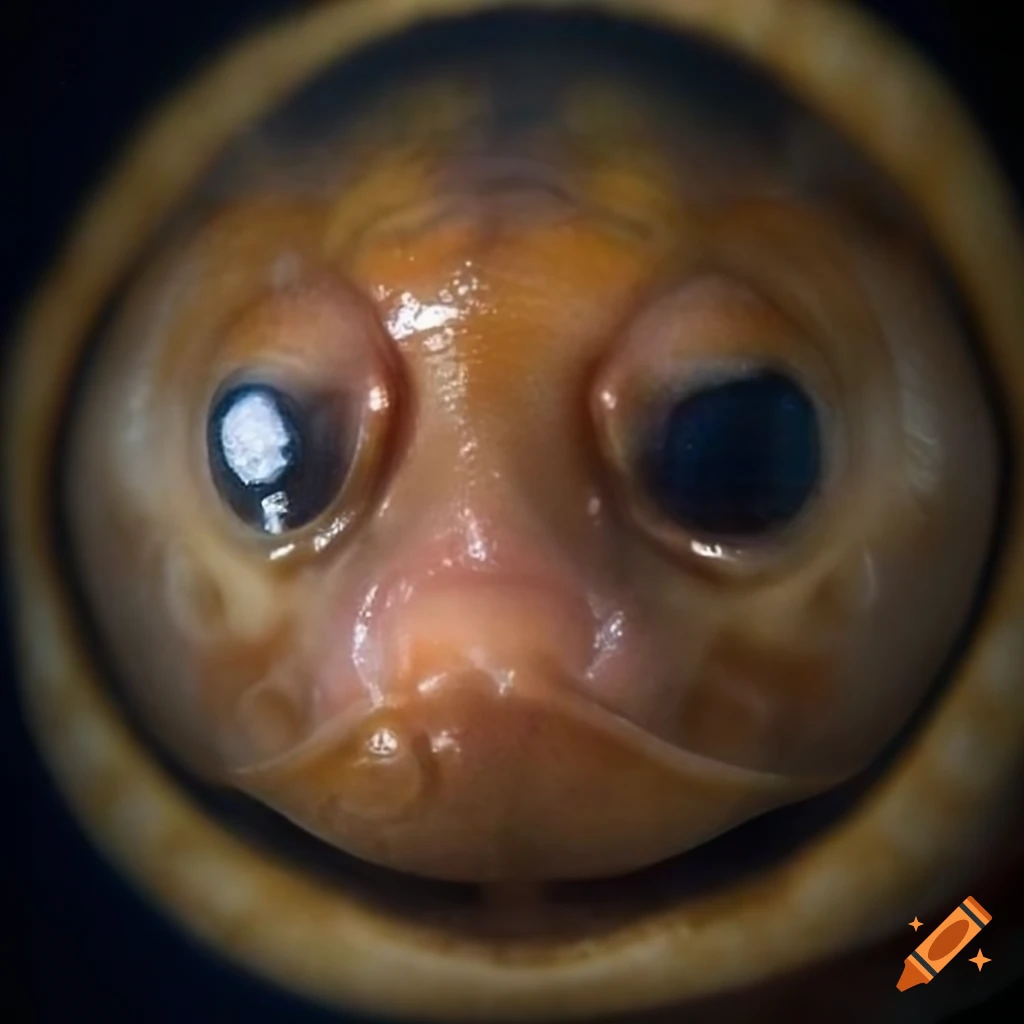 Close-up photograph of a human face with large fish-like eyes on