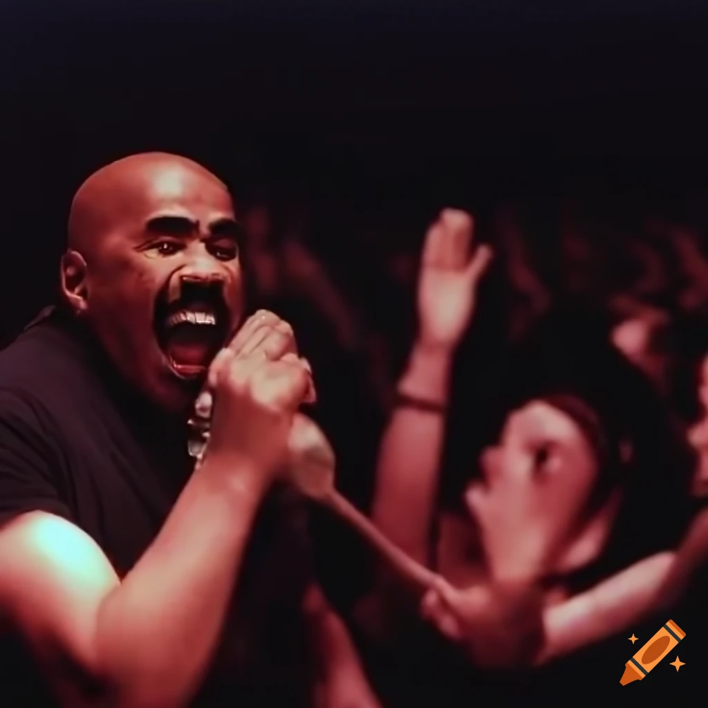 photorealistic depiction of a metal concert mosh pit with Steve Harvey