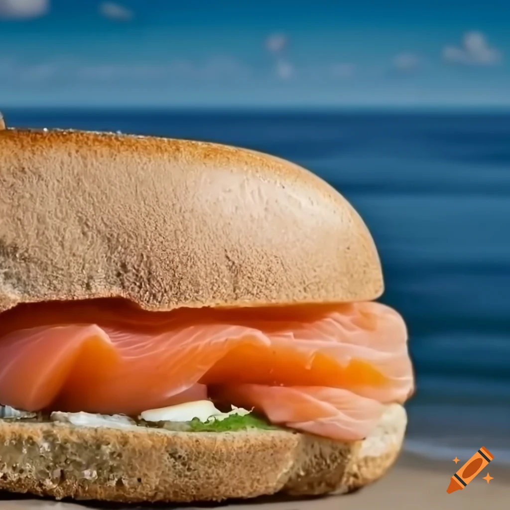 hyperrealistic salmon and egg sandwich with baltic sea view
