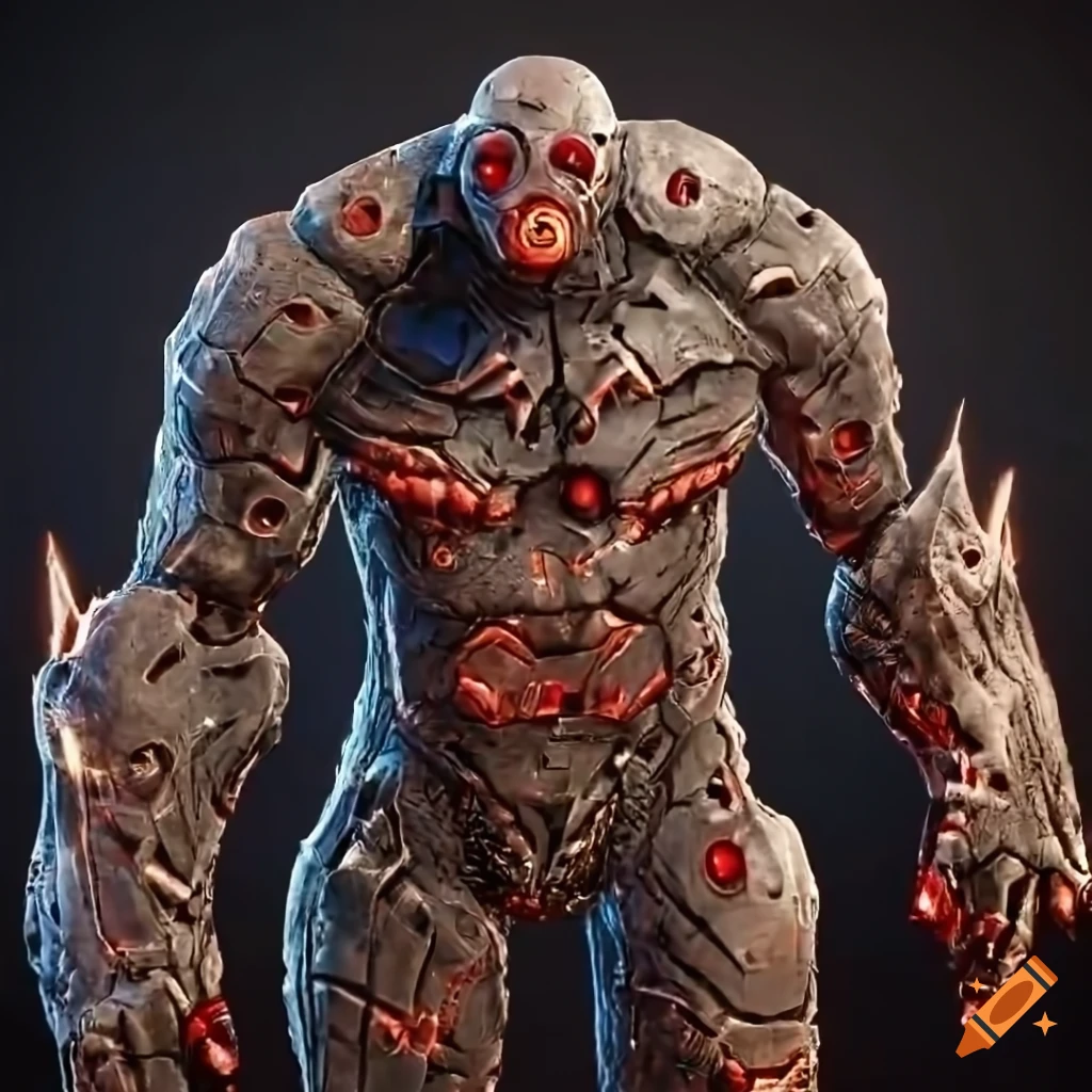 concept art of a black stone armored golem cyborg with glowing red crystals