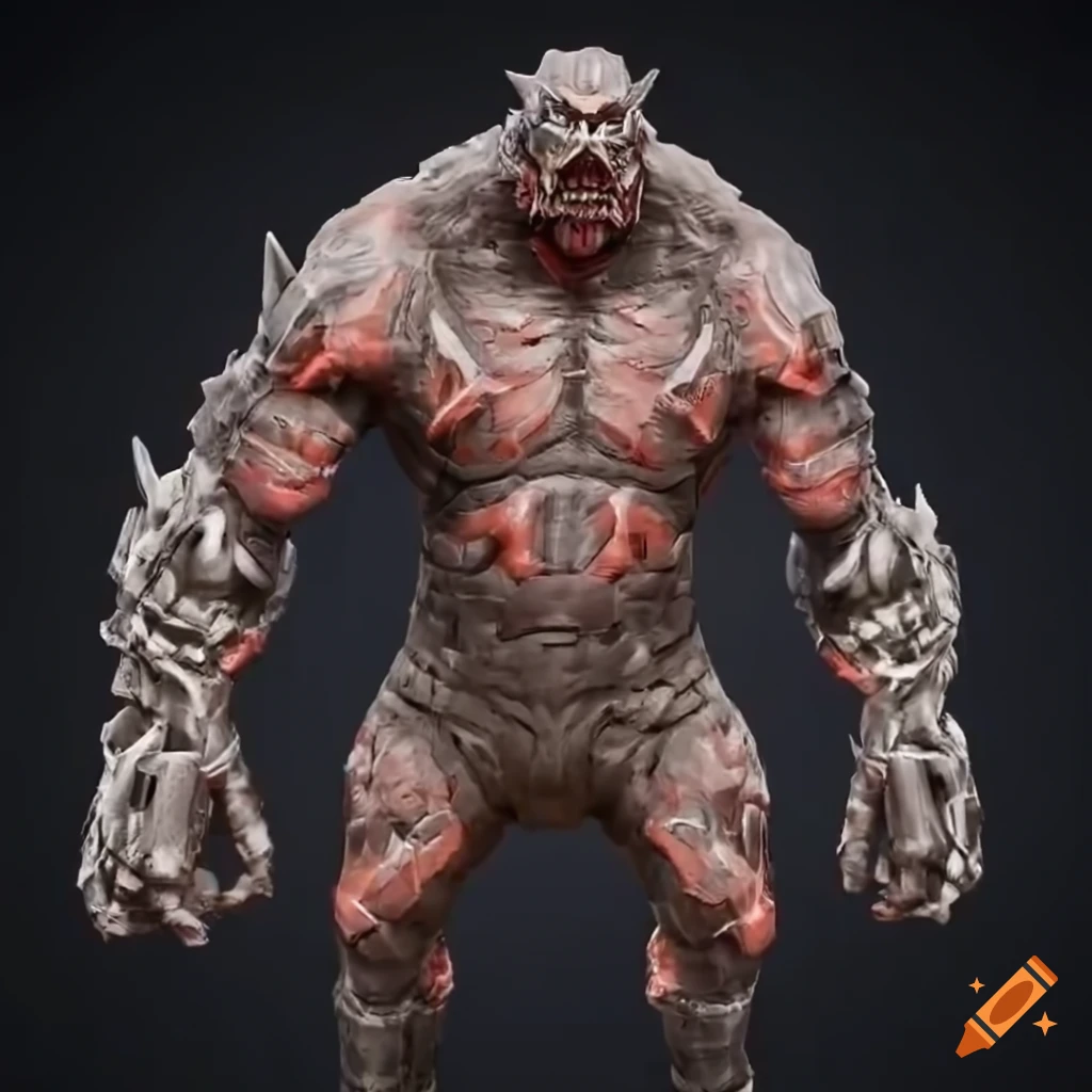 sci-fi golem warrior with glowing red eyes and battle axe