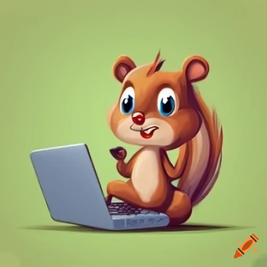 cartoon squirrel working on a laptop