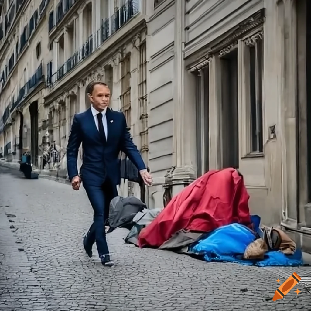 Emmanuel Macron walking with homeless in Paris streets