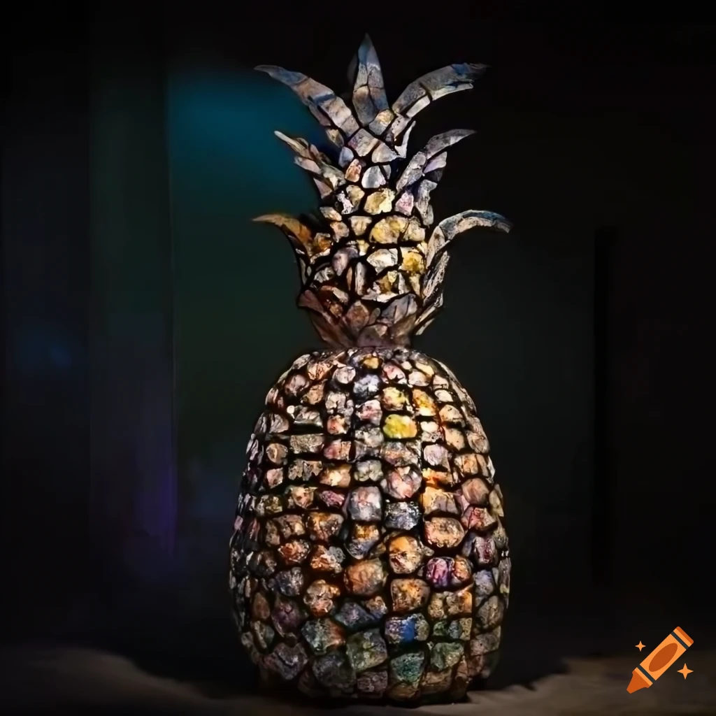 mosaic pineapple sculpture in a garden