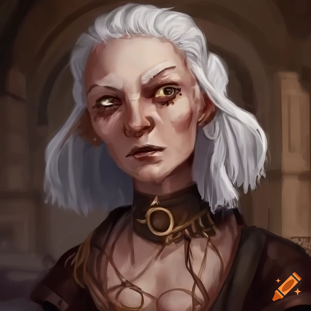 detailed character art of an old witch with white hair in double buns