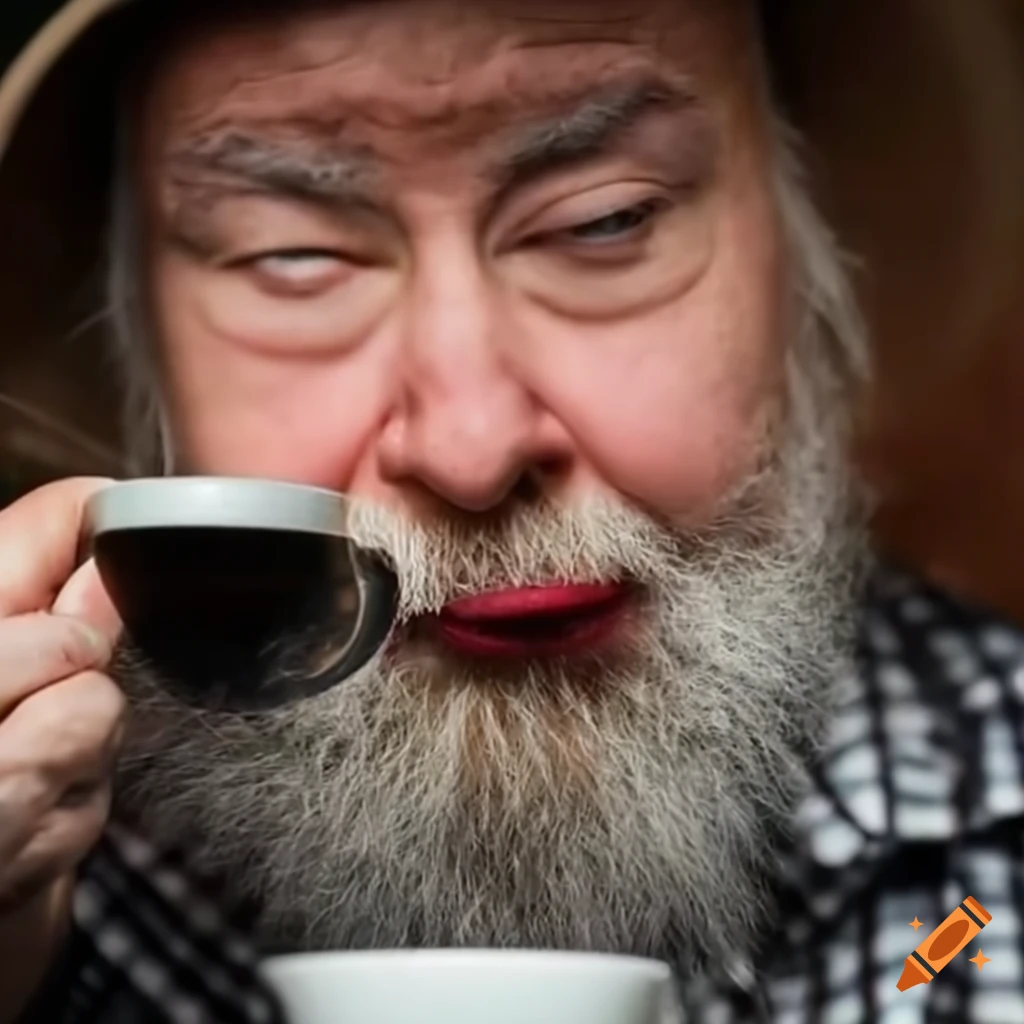 Man with white beard drinking coffee on Craiyon