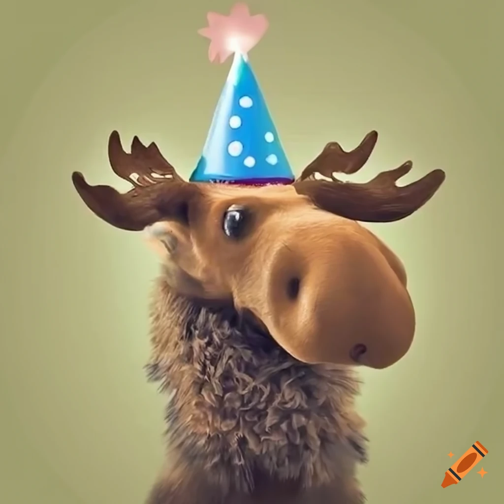 Artwork of a moose wearing a birthday hat on Craiyon