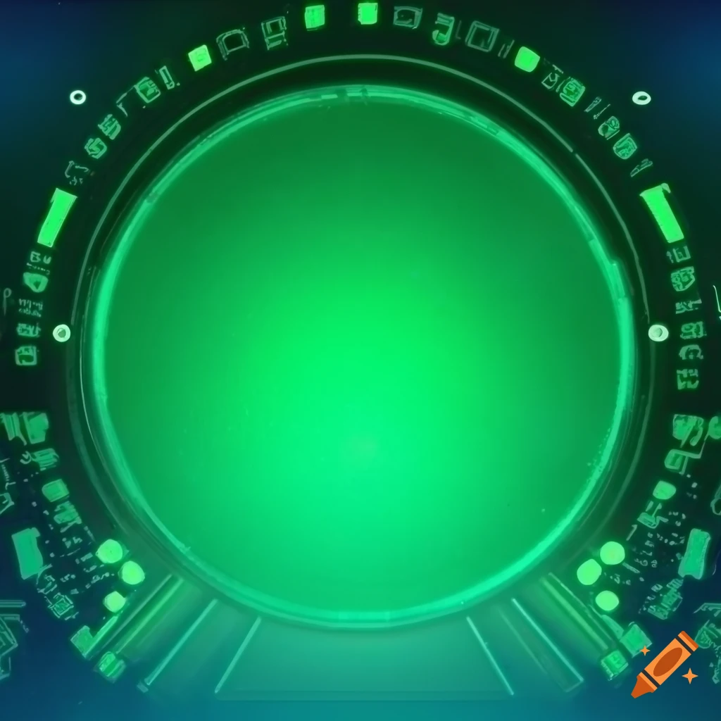 green gradient background with metallic blue circuit board reliefs