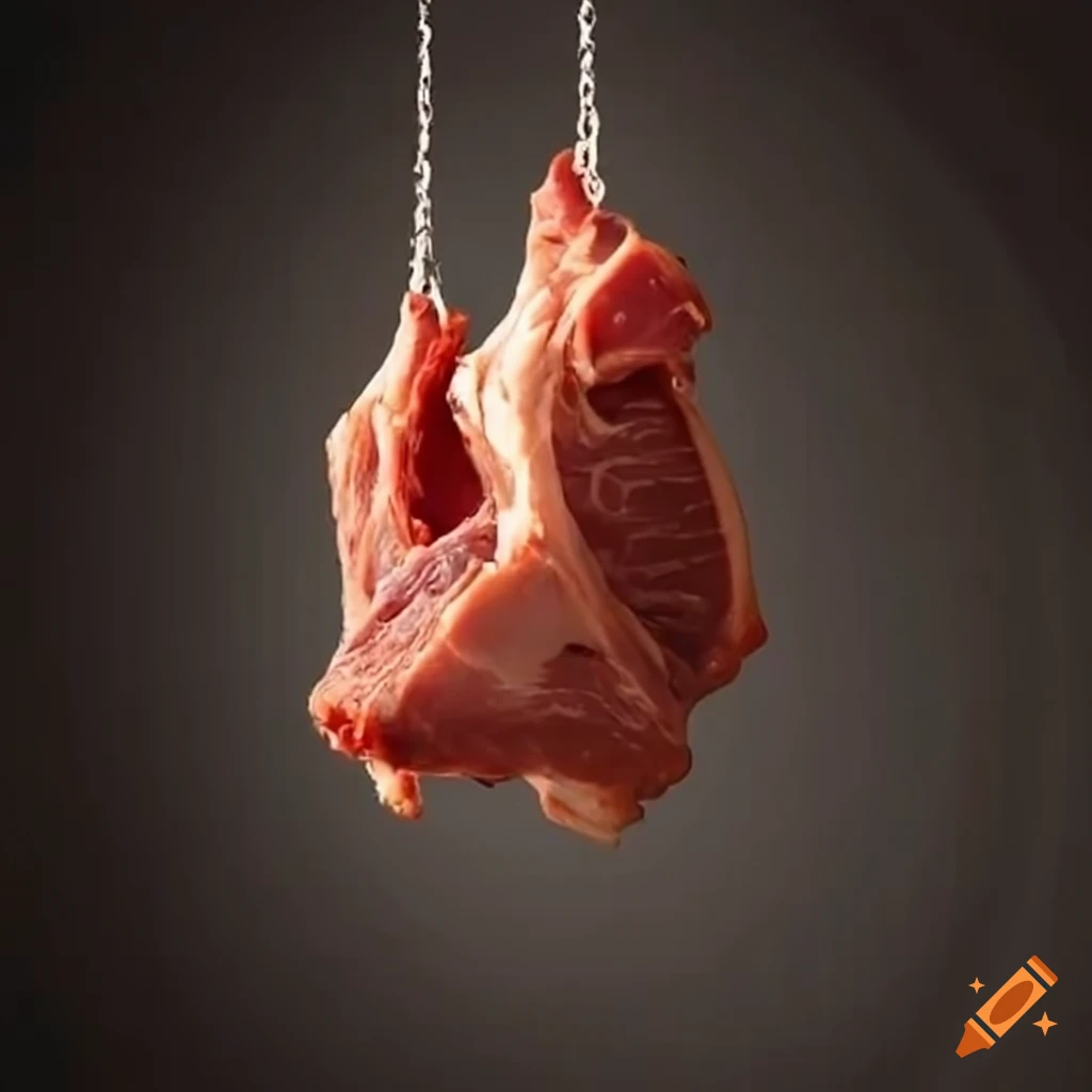 Beef steaks and slabs hanging on metal hooks Vector Image
