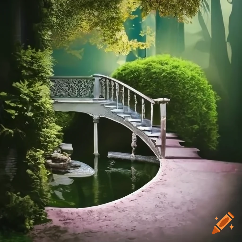 a silver staircase leading to a balcony in a garden
