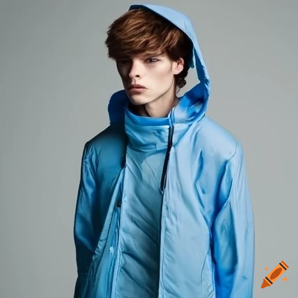 Light blue hooded windbreaker jacket for men on Craiyon