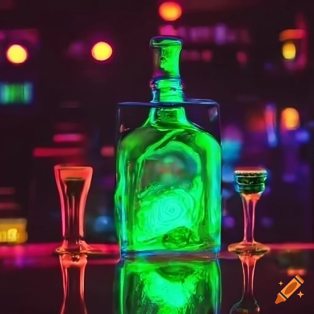 Cyberpunk absinthe bottle and glasses under fuchsia neon lights