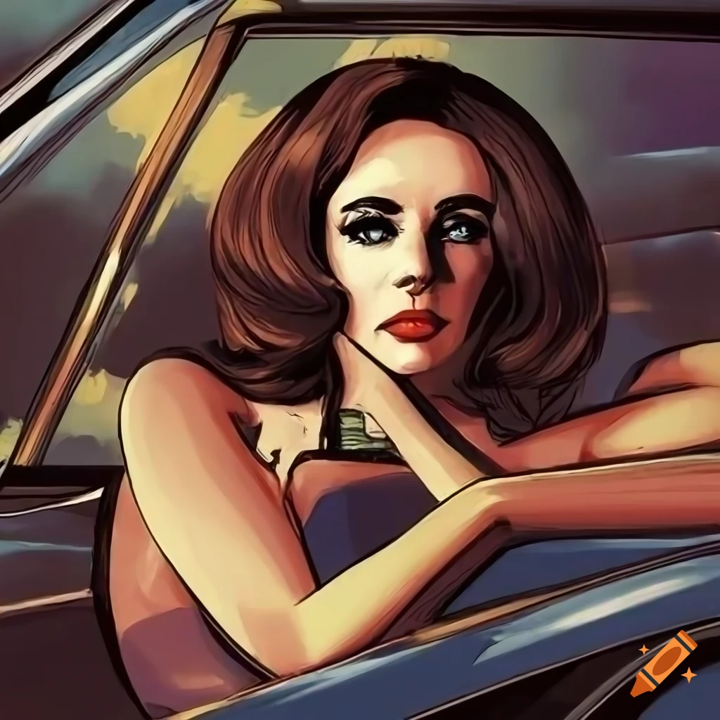comic art of a confident woman in a luxurious car