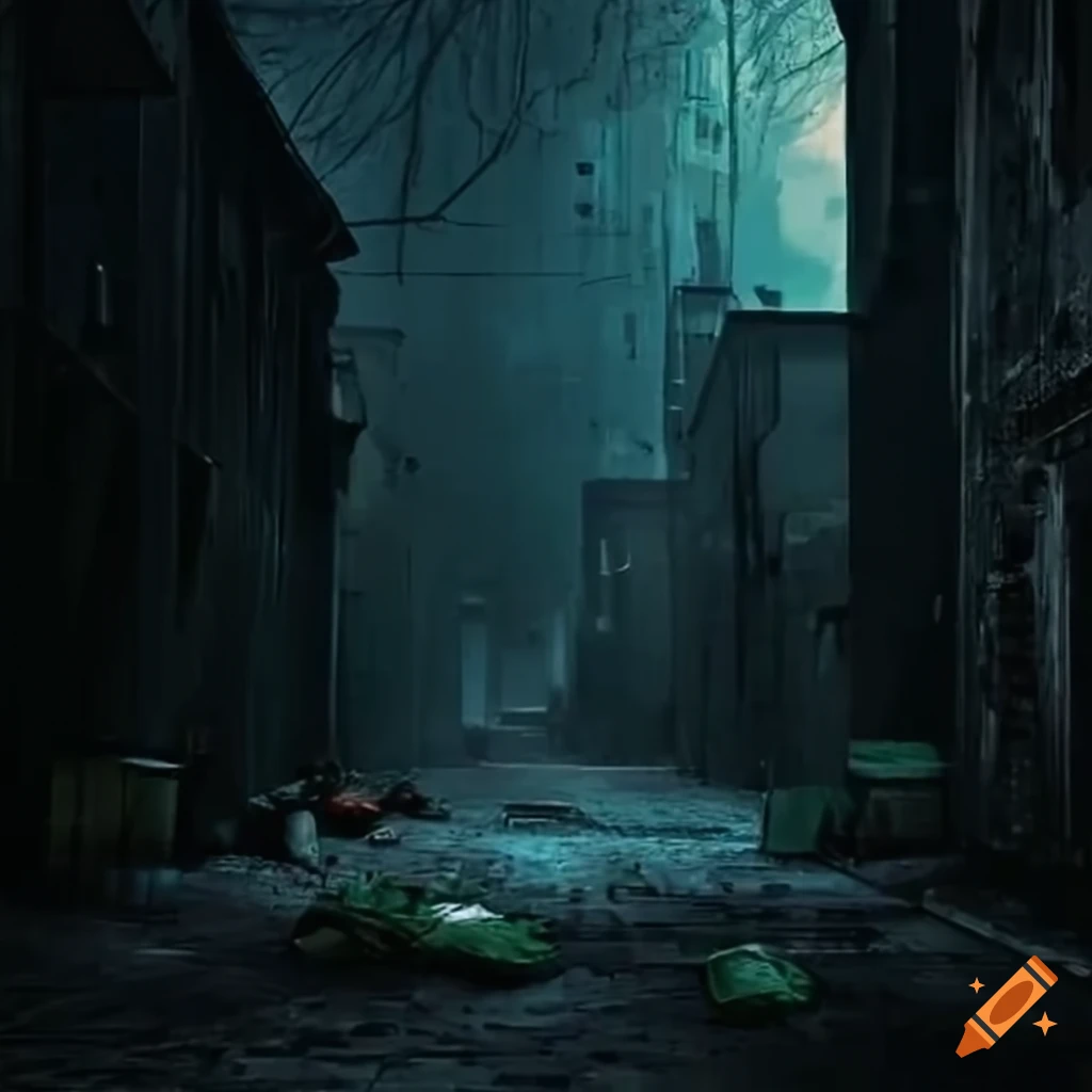 Dark alley with bins and trash on Craiyon