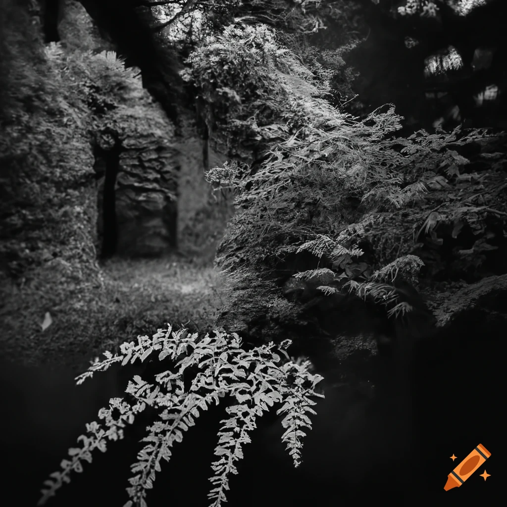 black and white photo of a small garden with fern and ivy
