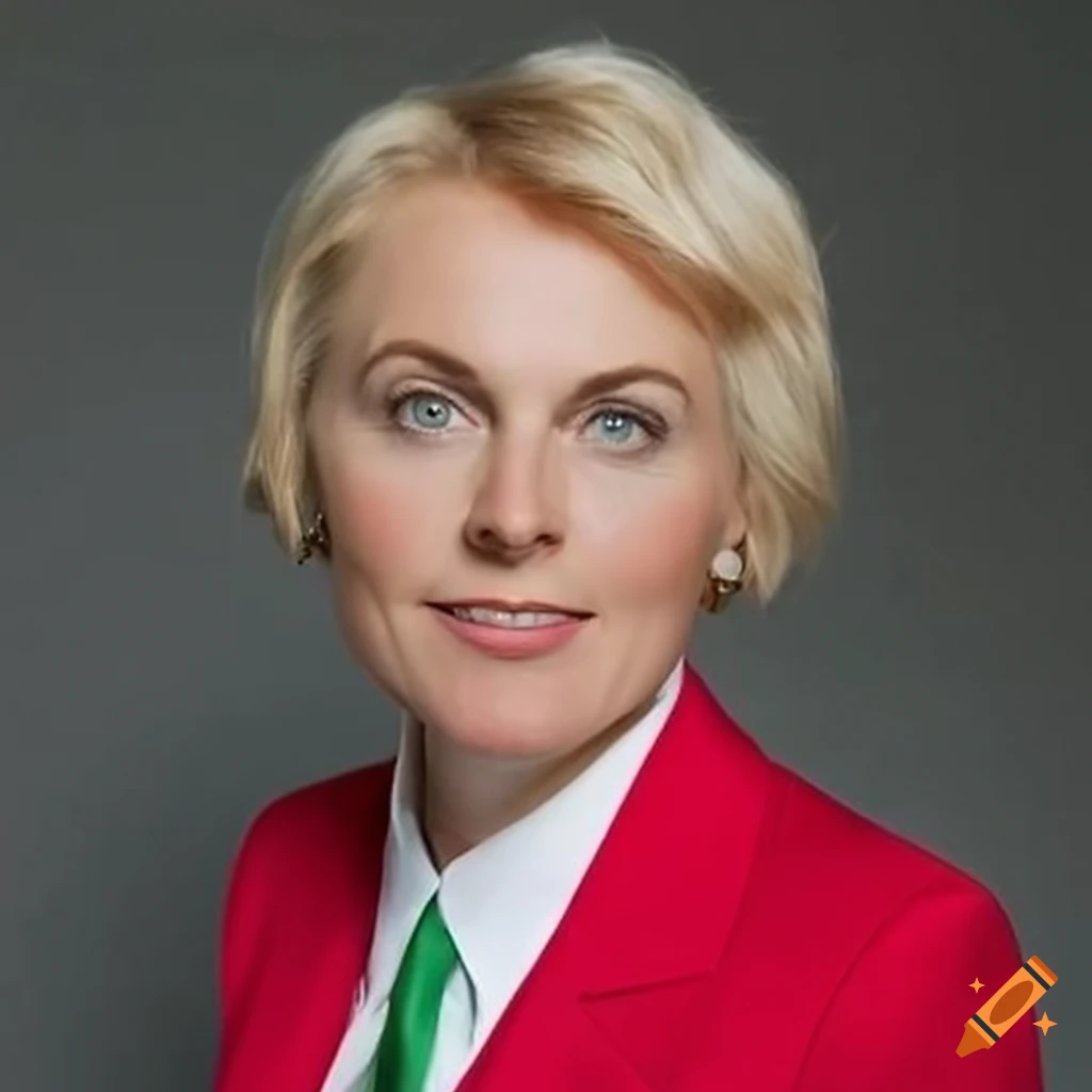 Confident female politician in red tuxedo on Craiyon