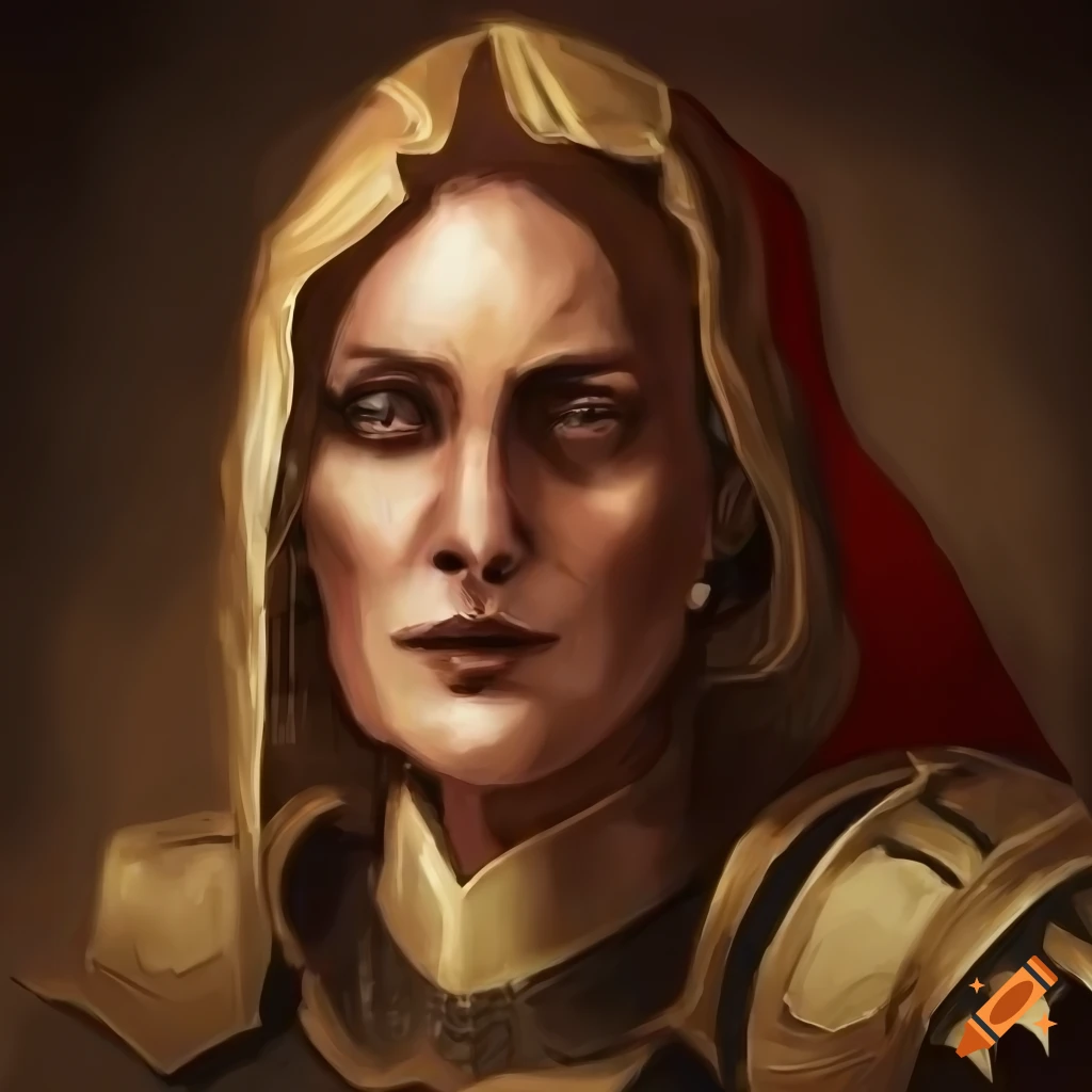 Portrait of a powerful and regal female character in heavy armor from