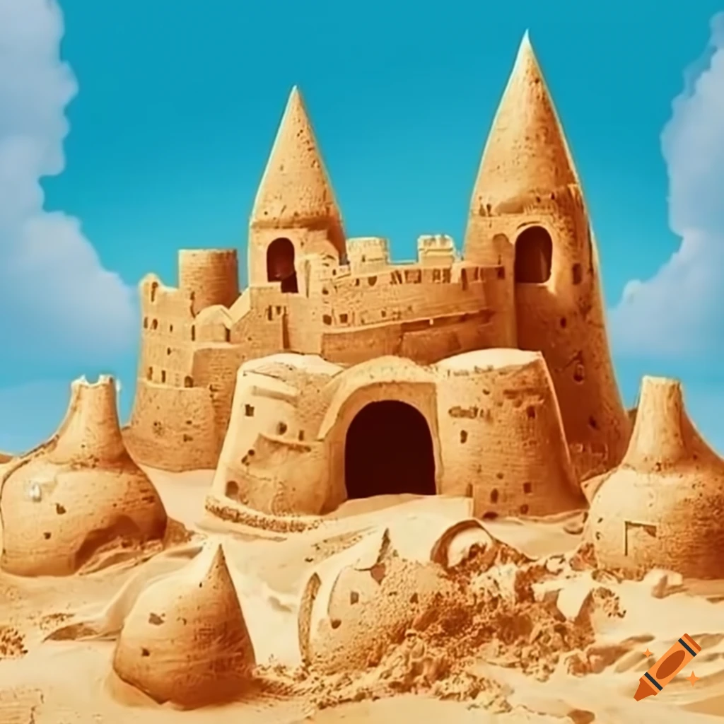 Sand sculpture of disney castle on a sunny beach on Craiyon