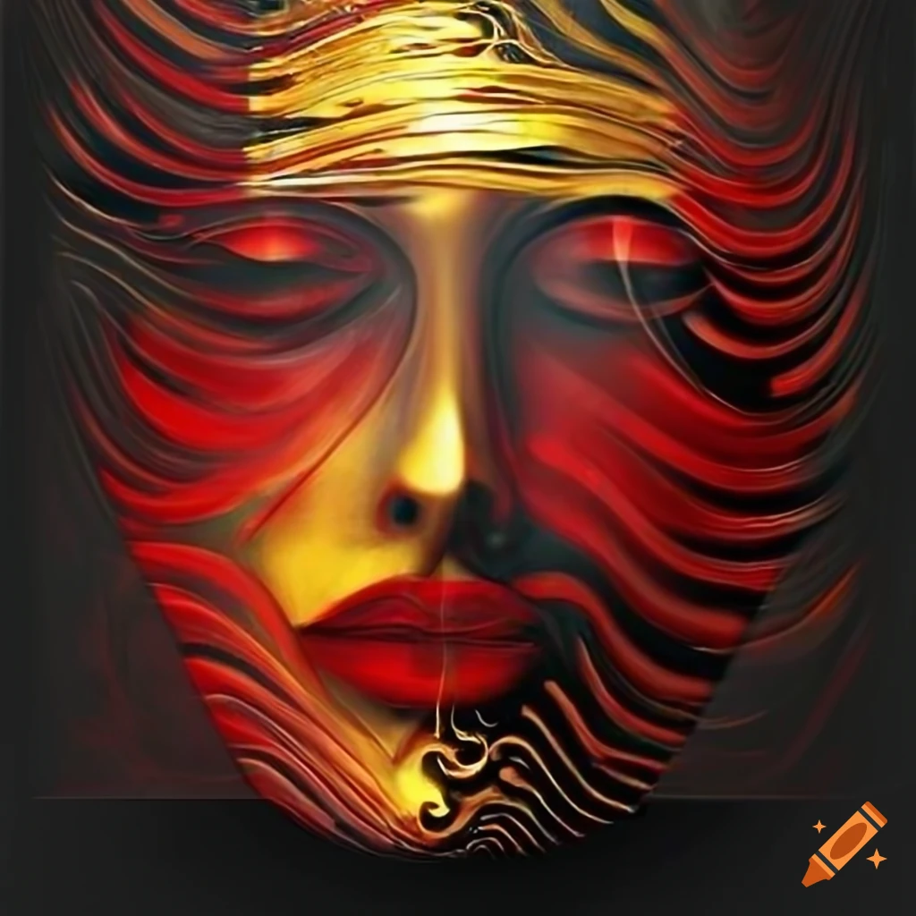 Gold, red, and black abstract surrealism artwork on Craiyon