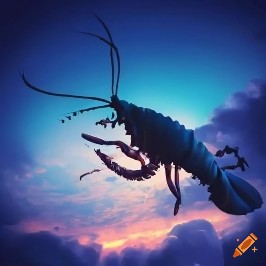 artwork of an old man and a giant lobster in the clouds