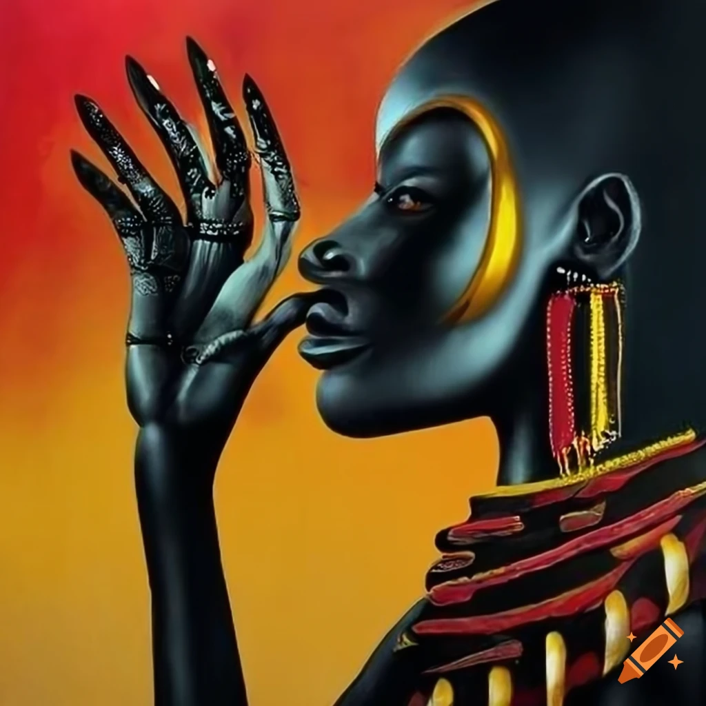 surrealist African artwork in black, red, and yellow
