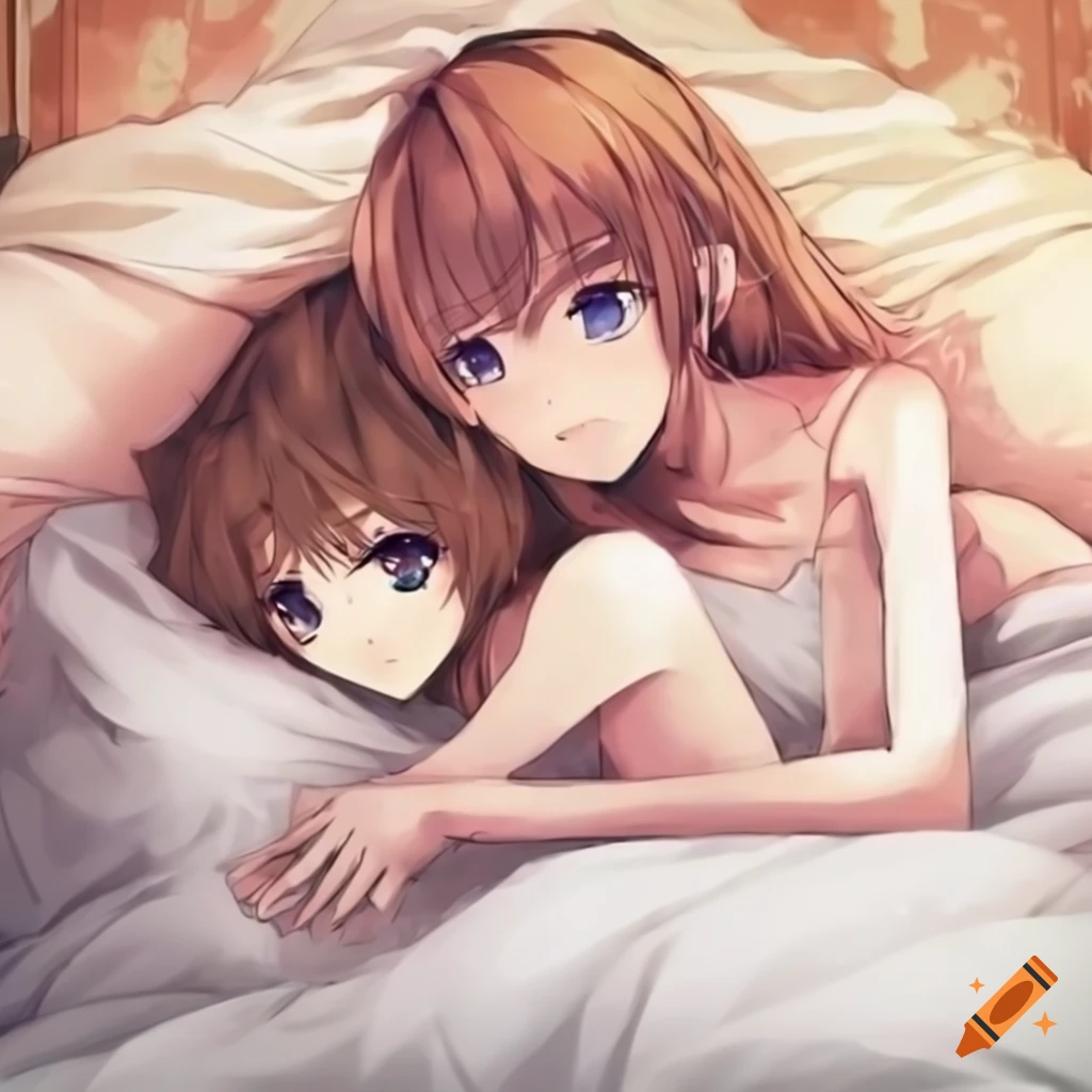 Anime couple hugging in bed