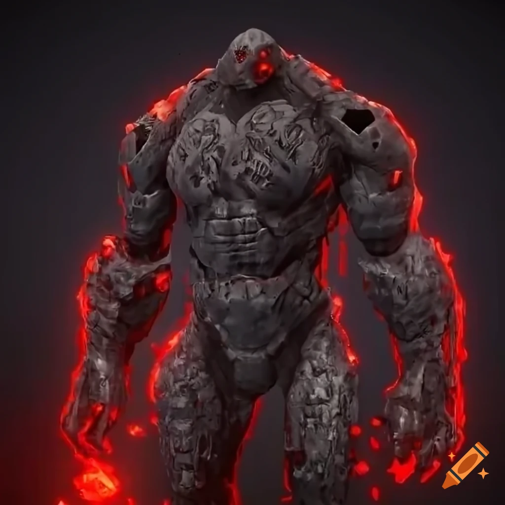 black stone armored golem cyborg with red glowing crystals