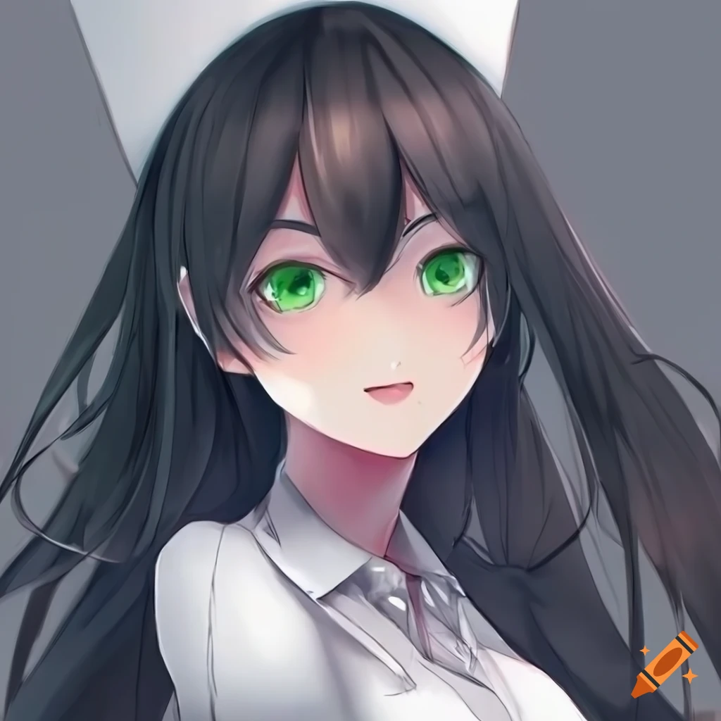 anime-style nurse with long black hair and green eyes