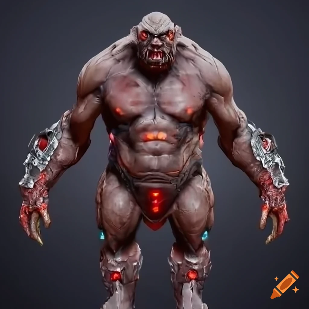 sci-fi black stone armored cyborg elf-ogre with red glowing crystals