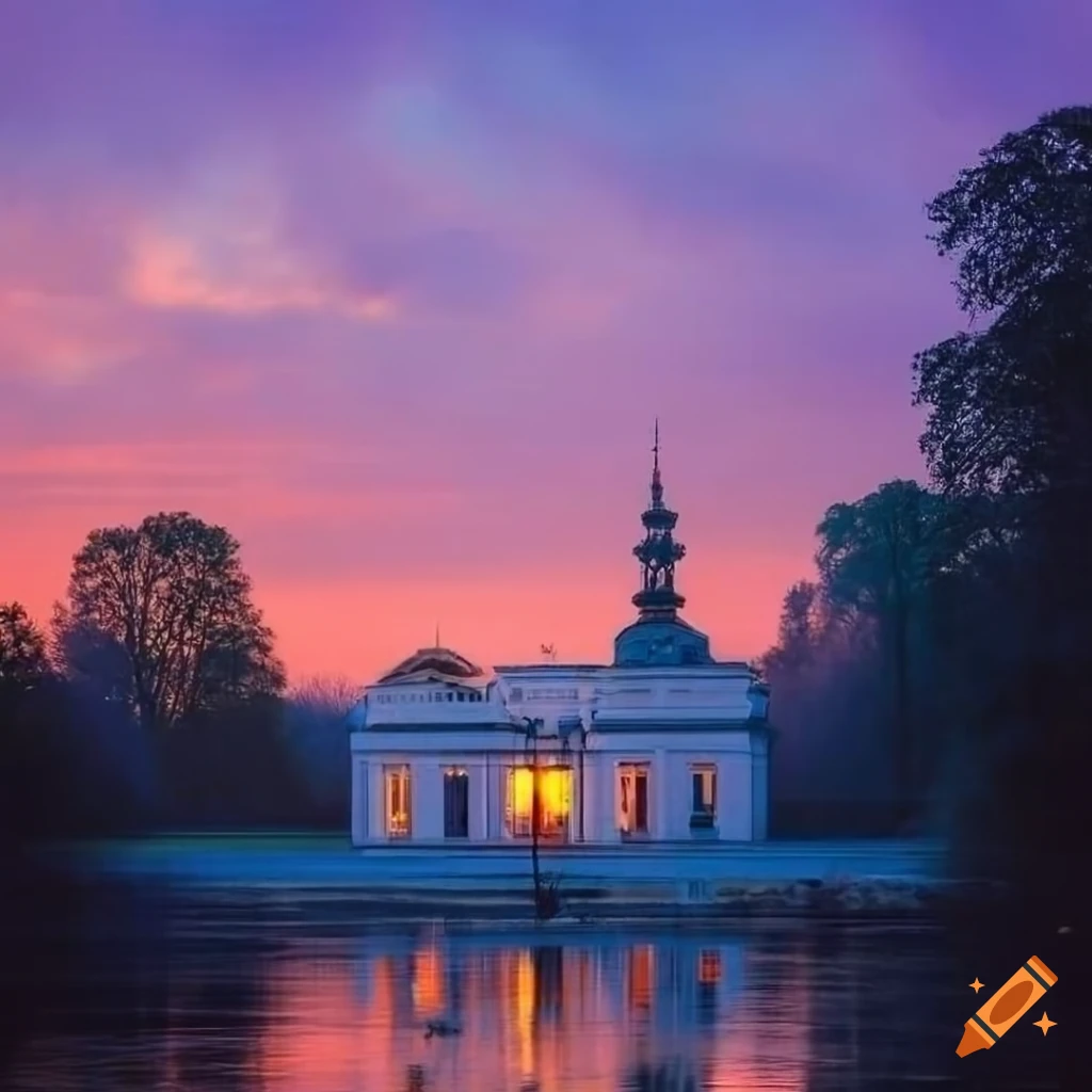 Neoclassical landscape painting with a small house and beautiful sky on